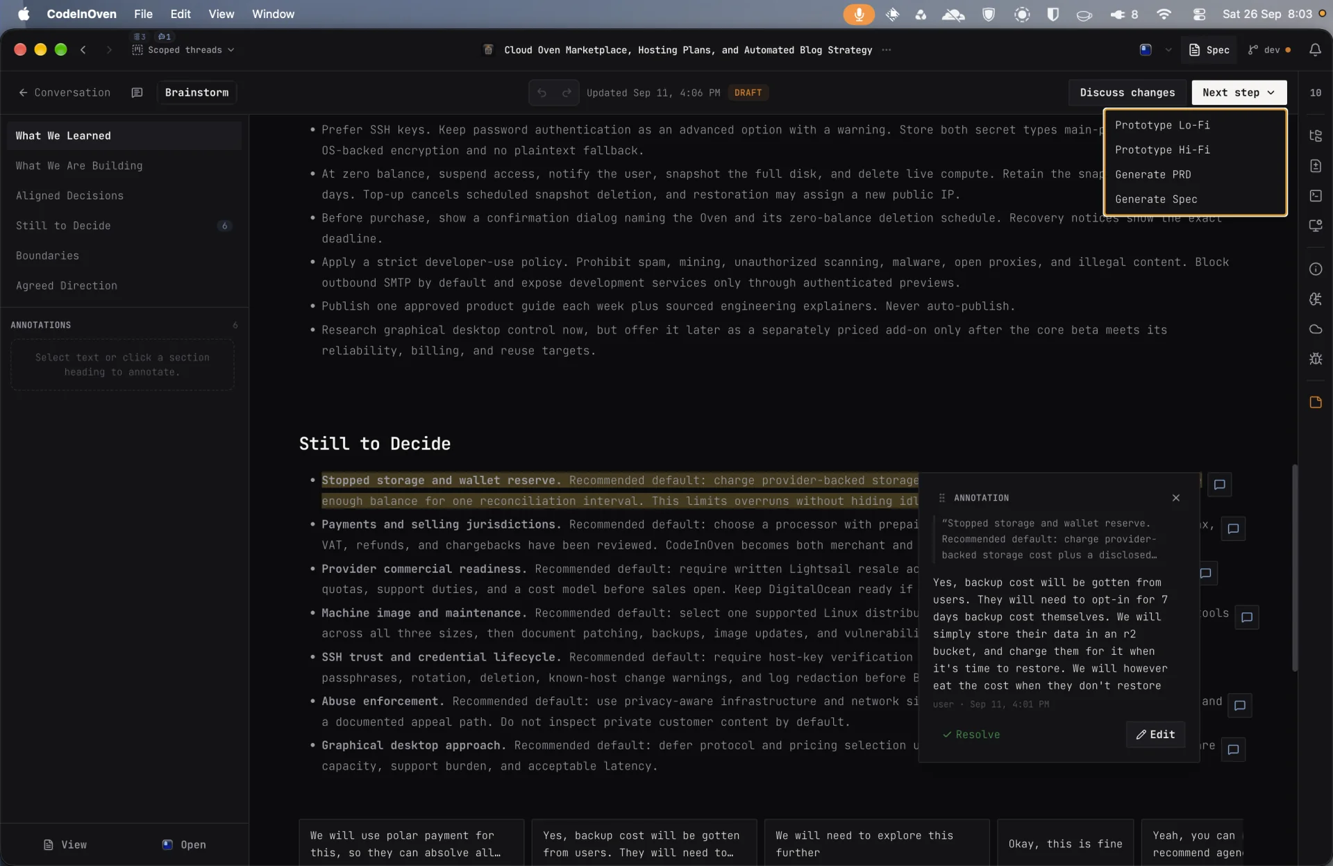 A CodeInOven brainstorm document organizing discoveries, decisions, and open questions for a product idea.