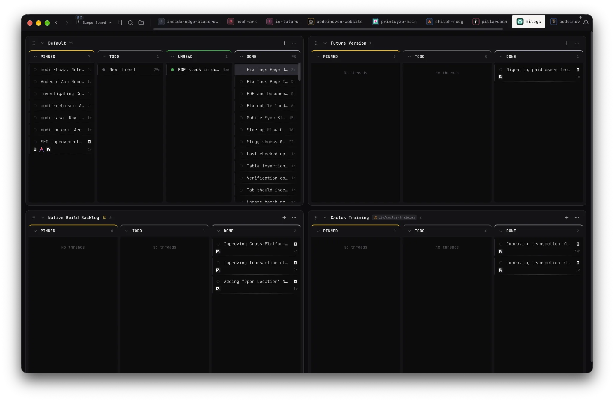 The Scopes board showing Pinned, Todo, Unread, and Done columns across project boards.