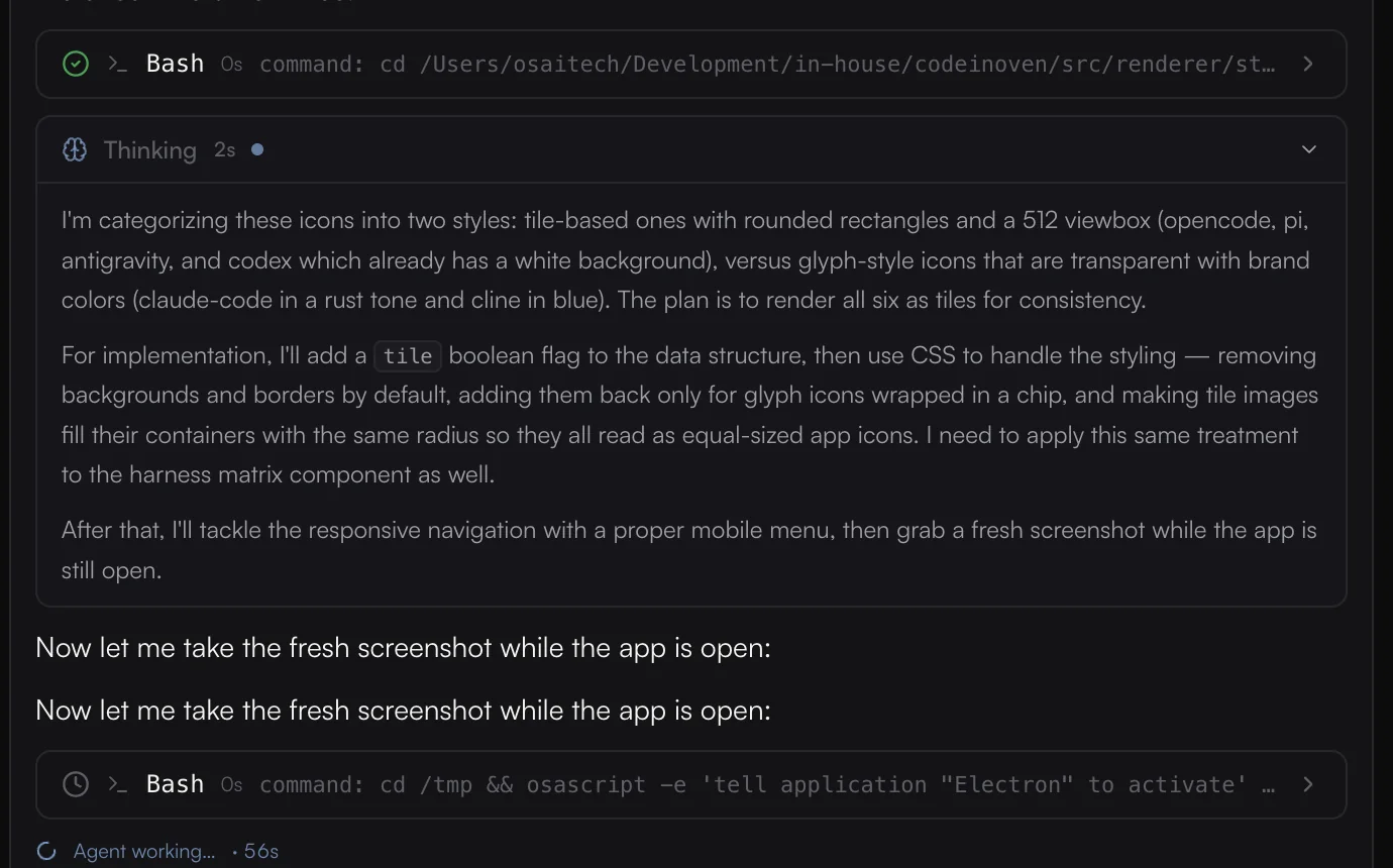 A CodeInOven run in progress showing reasoning steps, shell commands, and file reads with status.