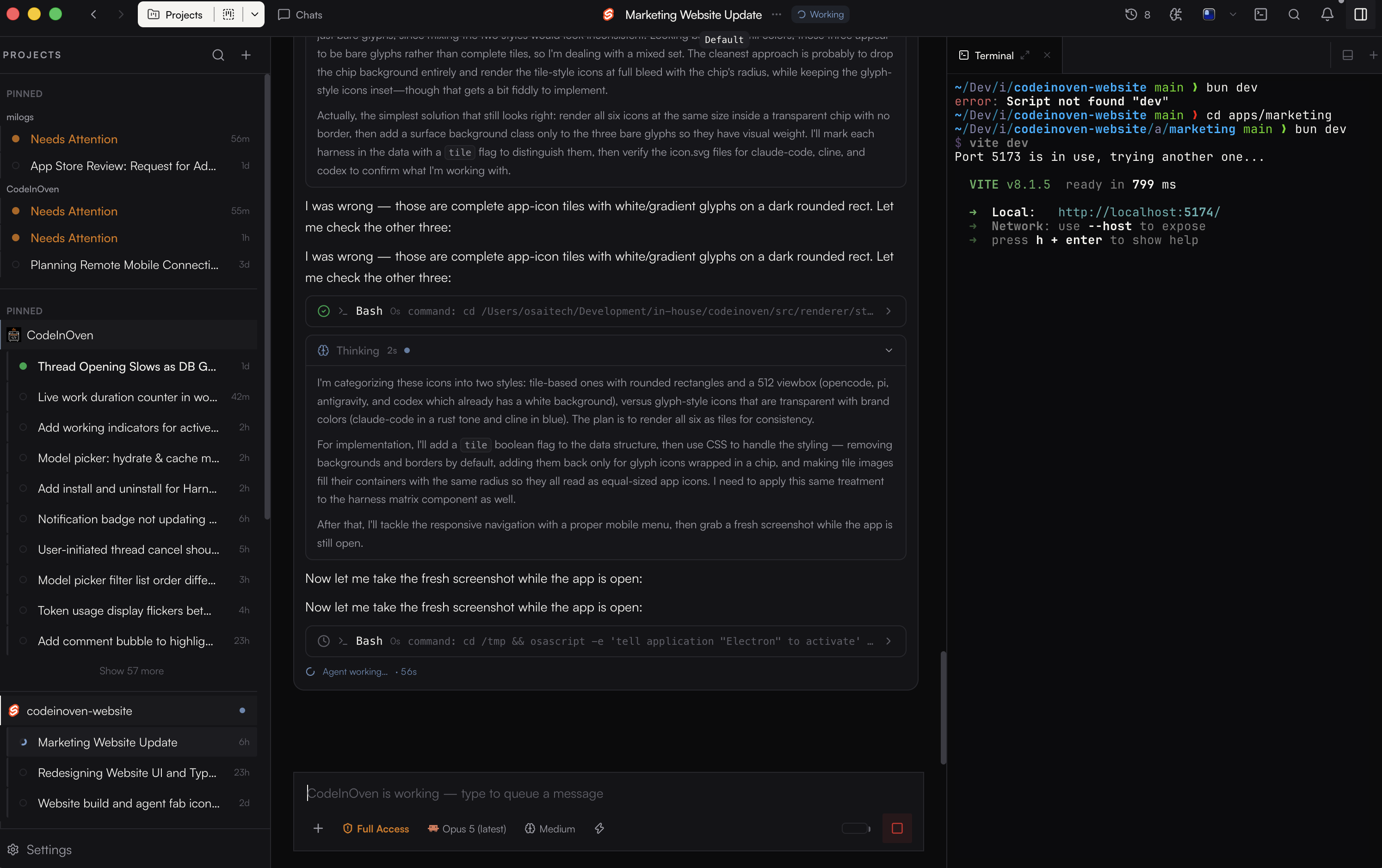 The CodeInOven workspace: a project and thread rail on the left, an agent run in the
			middle showing reasoning traces and tool calls with status, and a context panel on the right.
