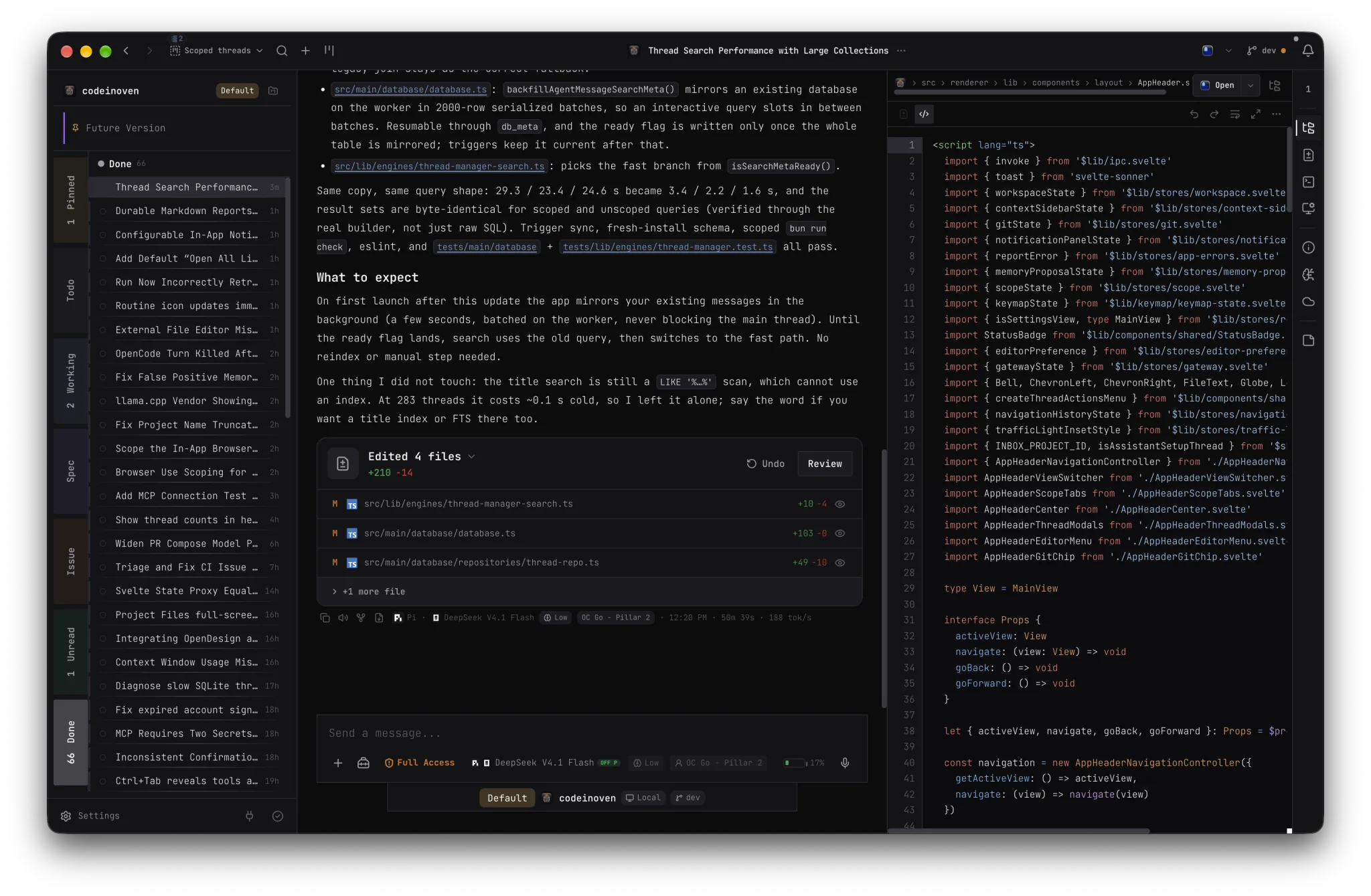 The CodeInOven workspace with a project list, agent run, and code editor.